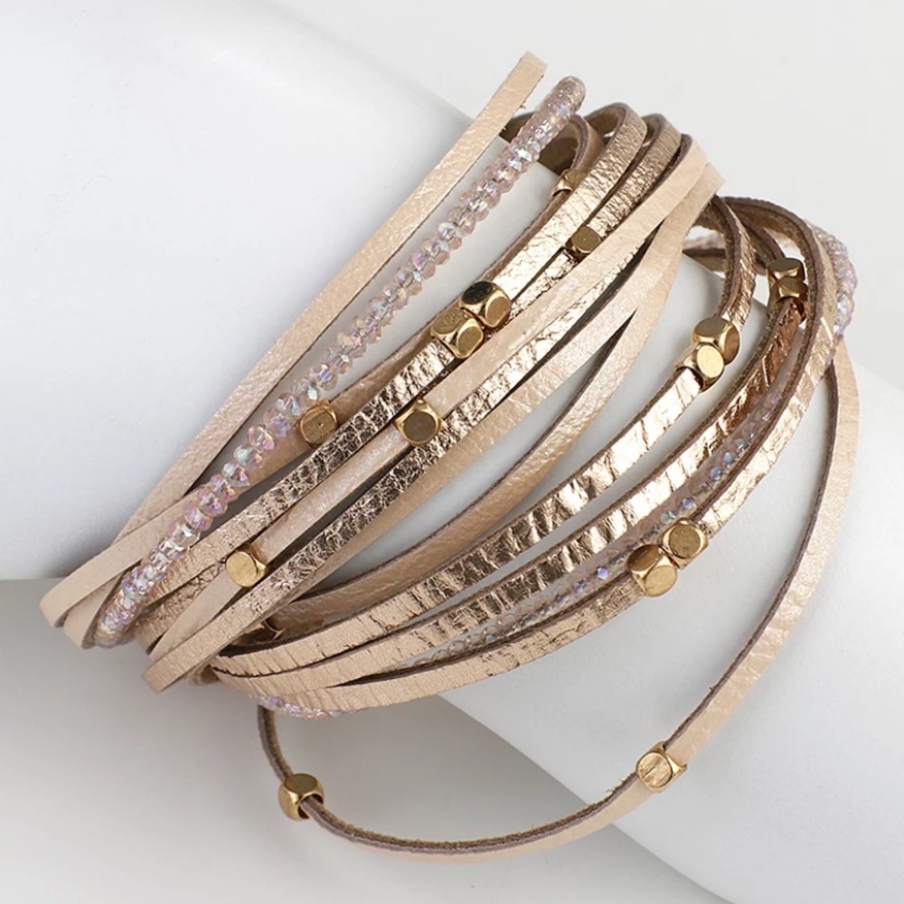 Rose Gold Metallic Leather Beaded Wrap Bracelet - Picture 2 of 5